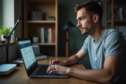 Homme configurant l'adresse IP de sa box internet sur un ordinateur portable avec interface d'administration du routeur visible