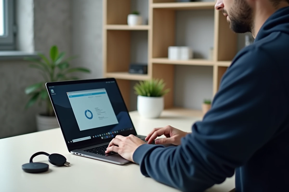 Homme configurant un Chromecast sur un ordinateur Windows avec l'application Google Home ouverte