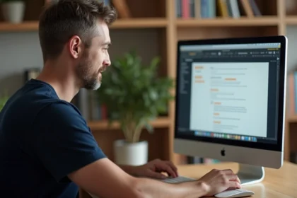 Homme configurant un logiciel de messagerie Espace Orange sur un ordinateur de bureau dans un bureau à domicile moderne