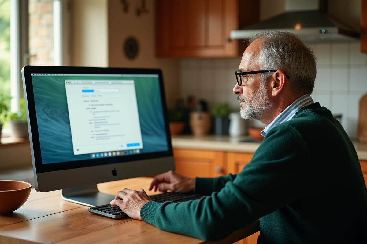 Homme senior configurant un logiciel de messagerie avec les paramètres IMAP Espace Orange sur un ordinateur familial dans une cuisine