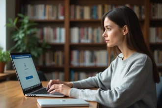 Étudiante connectée à sa messagerie universitaire mail.ac-montpellier.fr sur un ordinateur portable dans une bibliothèque