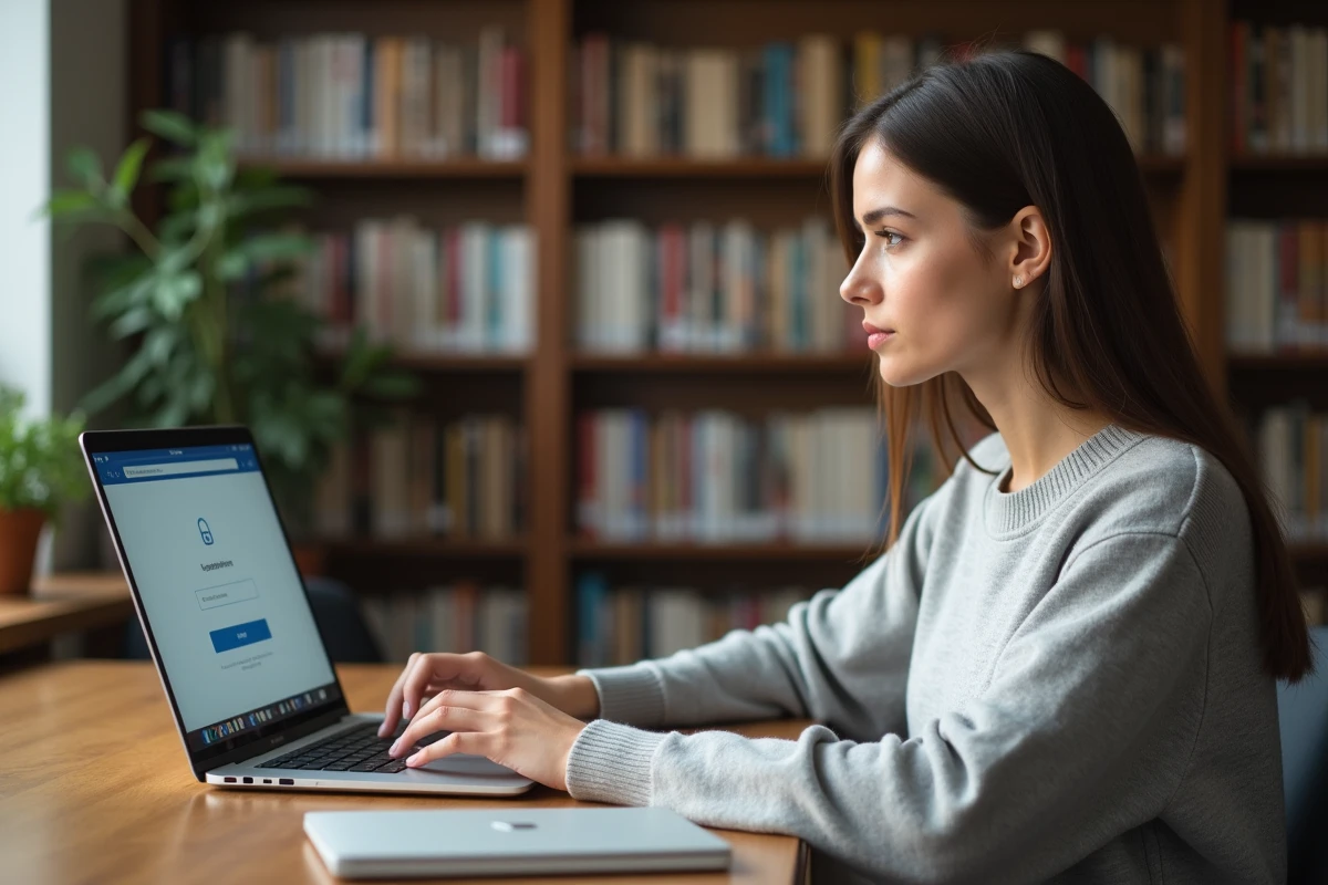 Étudiante connectée à sa messagerie universitaire mail.ac-montpellier.fr sur un ordinateur portable dans une bibliothèque