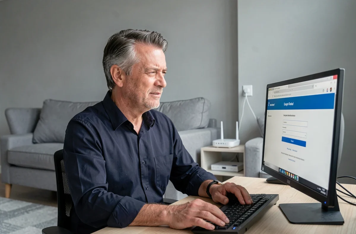 Homme consultant une page de connexion webmail sur un ordinateur de bureau avec une box ADSL visible sur une étagère
