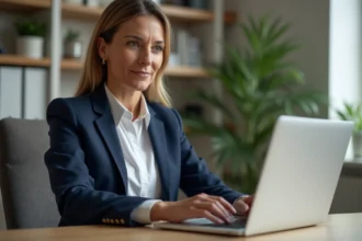 Femme professionnelle se connectant à son webmail Convergence Bordeaux sur un ordinateur portable au bureau