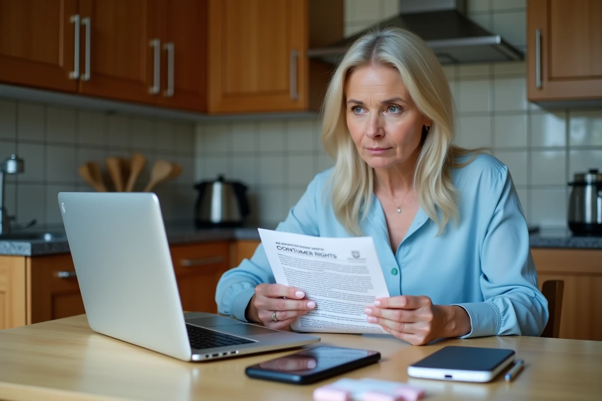 Femme consultant un document de garantie et les recours consommateurs pour une panne de smartphone