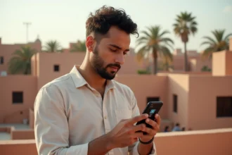 Homme marocain sur une terrasse à Marrakech vérifiant la couverture réseau eSIM Maroc Telecom sur son smartphone