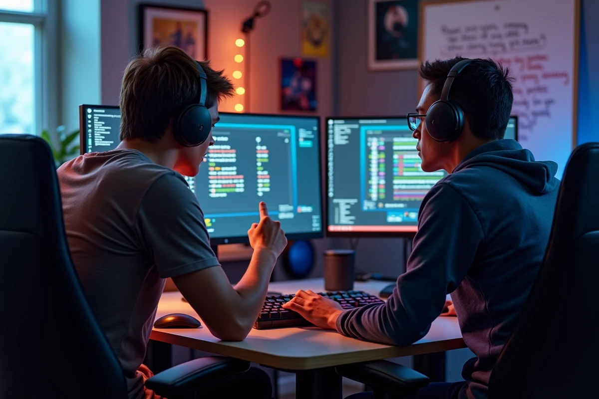 Deux joueurs analysant ensemble un loot filter Path of Exile 2 sur un bureau gaming partagé