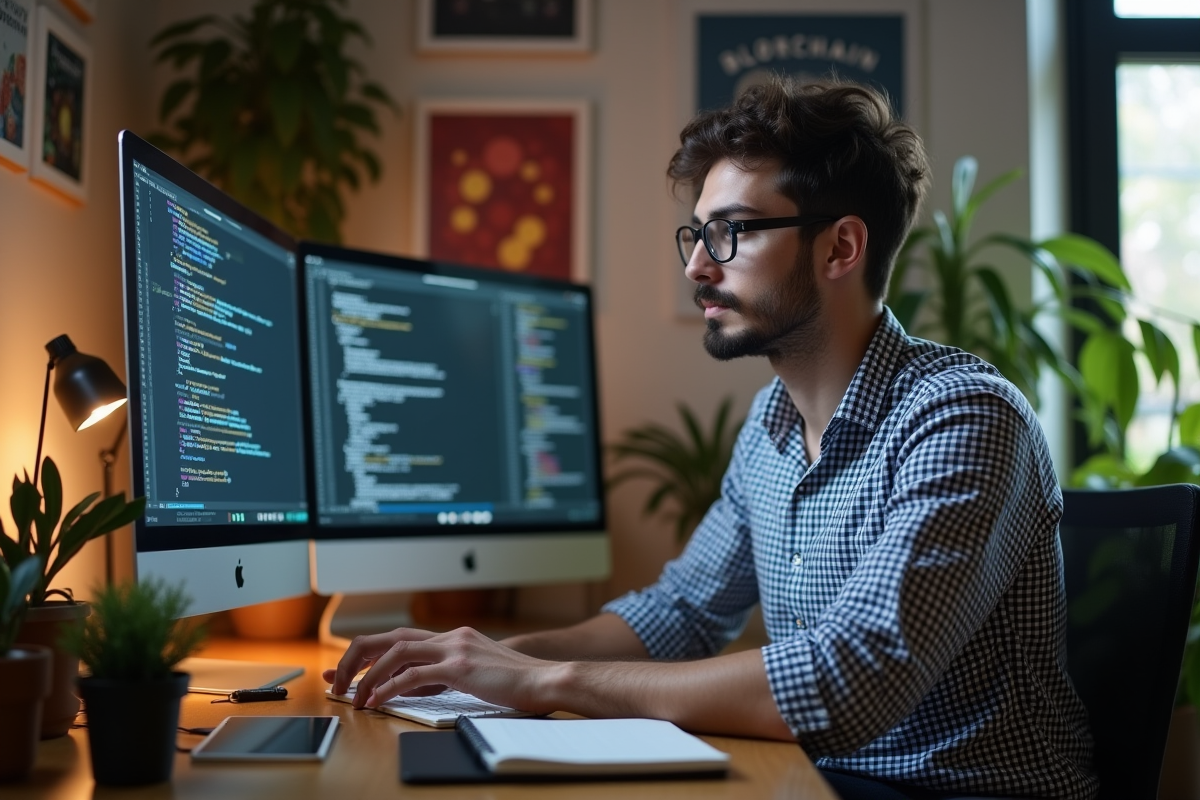 Homme developpeur seul travaillant sur son ordinateur à la maison