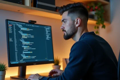 Développeur web concentré devant un écran affichant du code CSS de positionnement absolu dans un bureau moderne