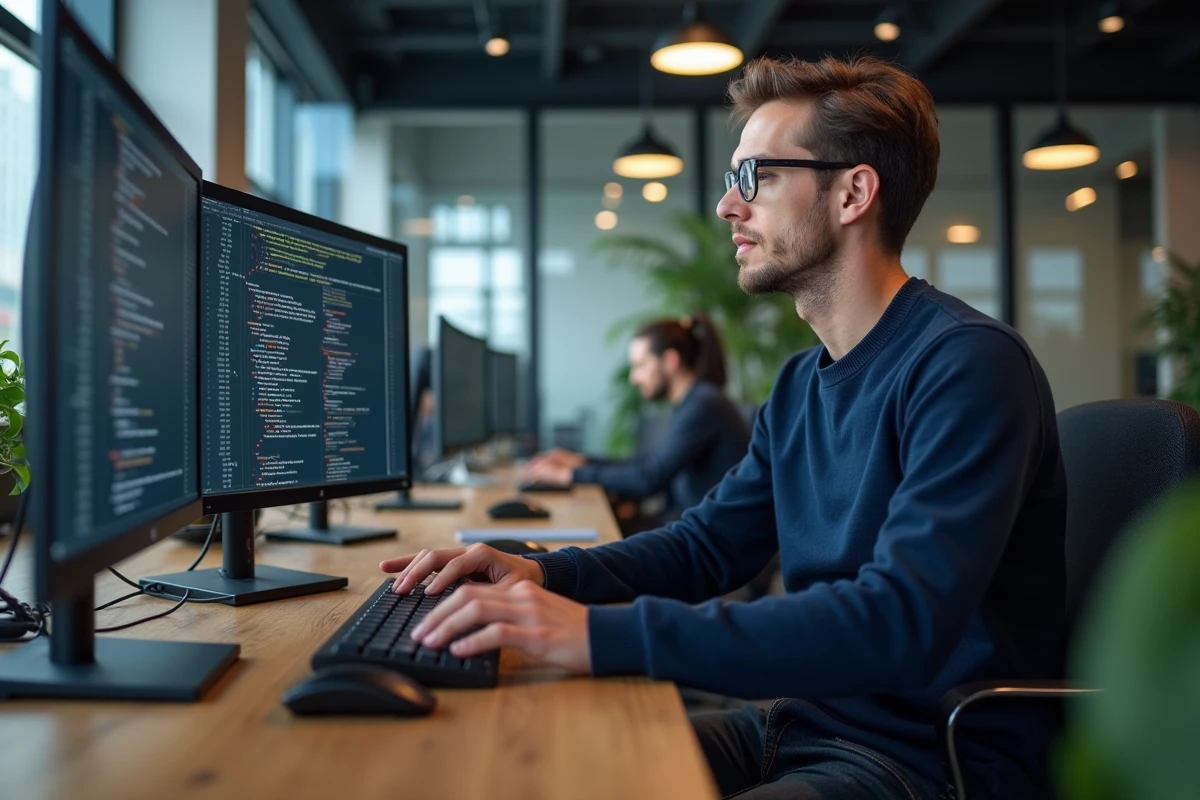 Développeur analysant des règles de modération de contenu IA sur un écran de code dans un bureau moderne