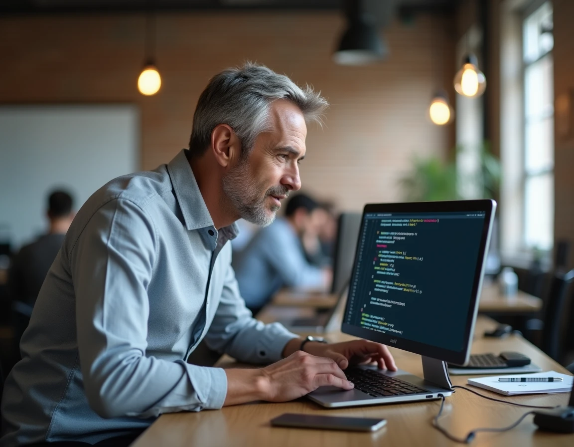 Développeur senior expliquant la logique de recherche dans une séquence Python avec une clause else, open space technologique