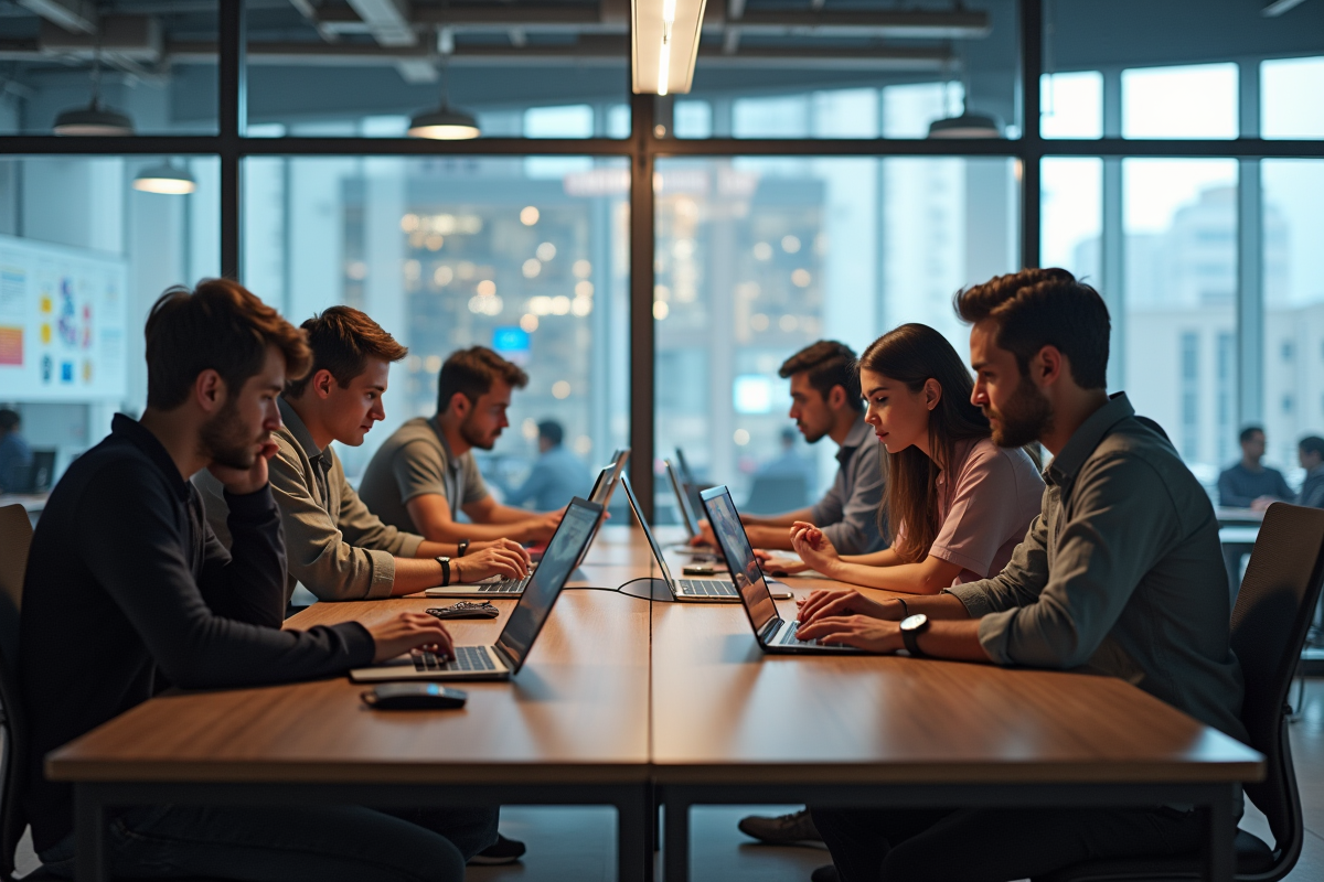Groupe de jeunes developpeurs dans un espace coworking moderne