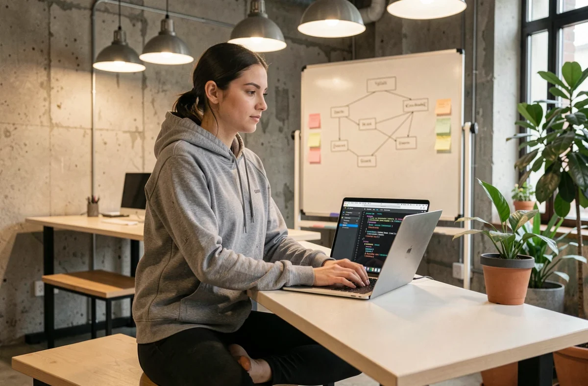 Développeuse configurant des règles de pare-feu et de filtrage IP pour un hébergeur FiveM sécurisé dans un espace de coworking
