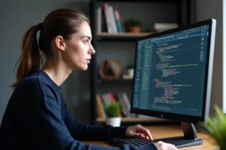 Développeuse Python analysant une boucle for-else dans un éditeur de code sur un grand écran, bureau moderne et élégant
