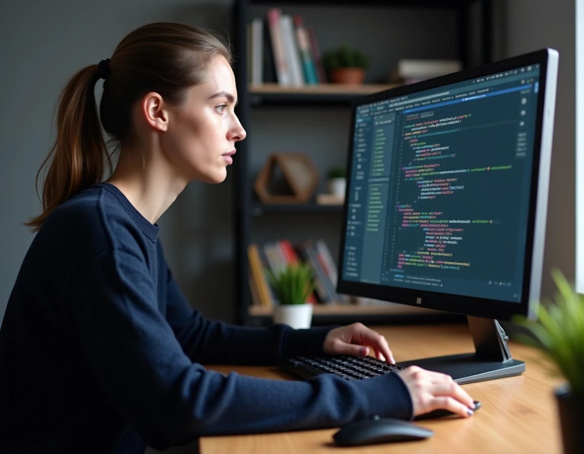 Développeuse Python analysant une boucle for-else dans un éditeur de code sur un grand écran, bureau moderne et élégant