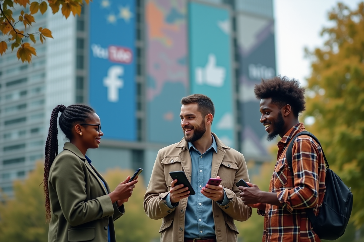 Groupe diversifié discutant dans un parc urbain