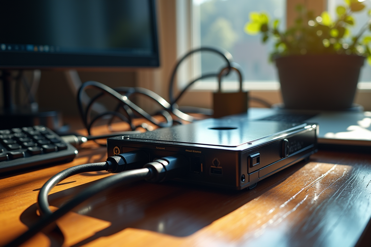 Disque dur externe verrouille connecte au pc dans une ambiance calme