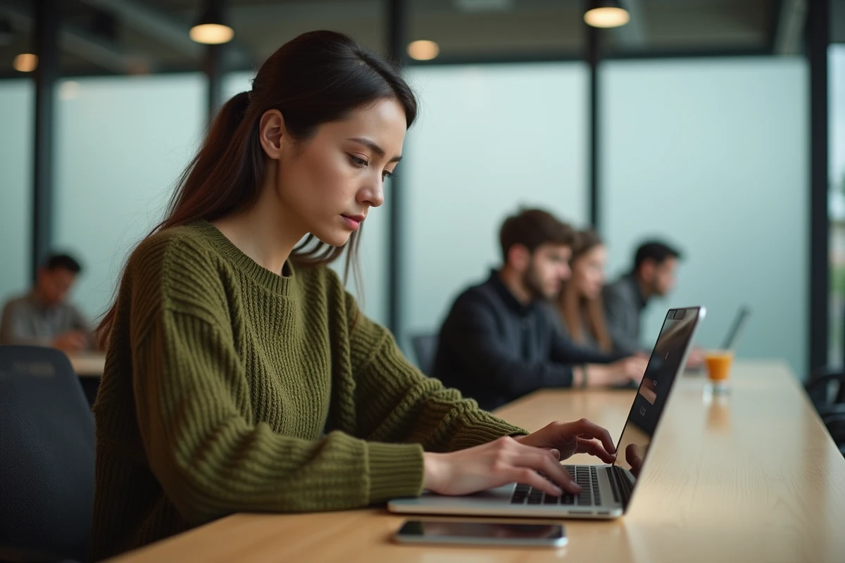 Jeune femme utilisant une double authentification pour accéder à son webmail Convergence Bordeaux dans un espace de coworking