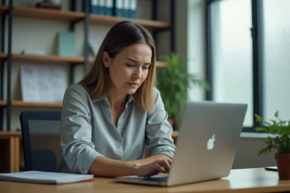 Employée administrative d'une académie regardant un message d'erreur sur son ordinateur portable, symbolisant l'indisponibilité du webmail Acdijon
