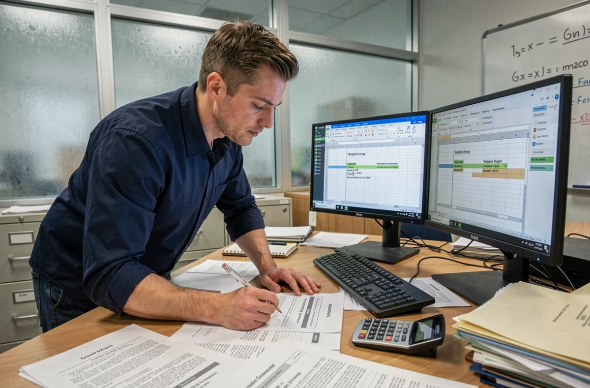 Enseignant analysant des bulletins de notes scolaires sur Excel avec double écran dans un bureau administratif d'école