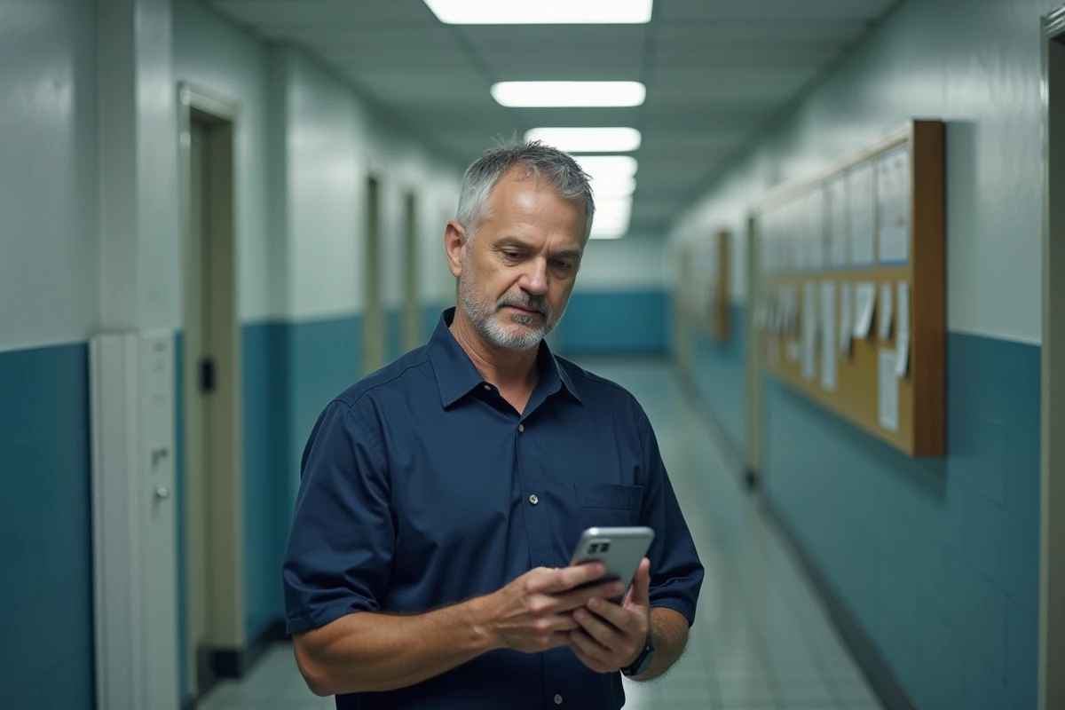 Enseignant consultant le site officiel de l'académie de Dijon sur son smartphone dans un couloir scolaire pour accéder aux informations en cas de panne du webmail