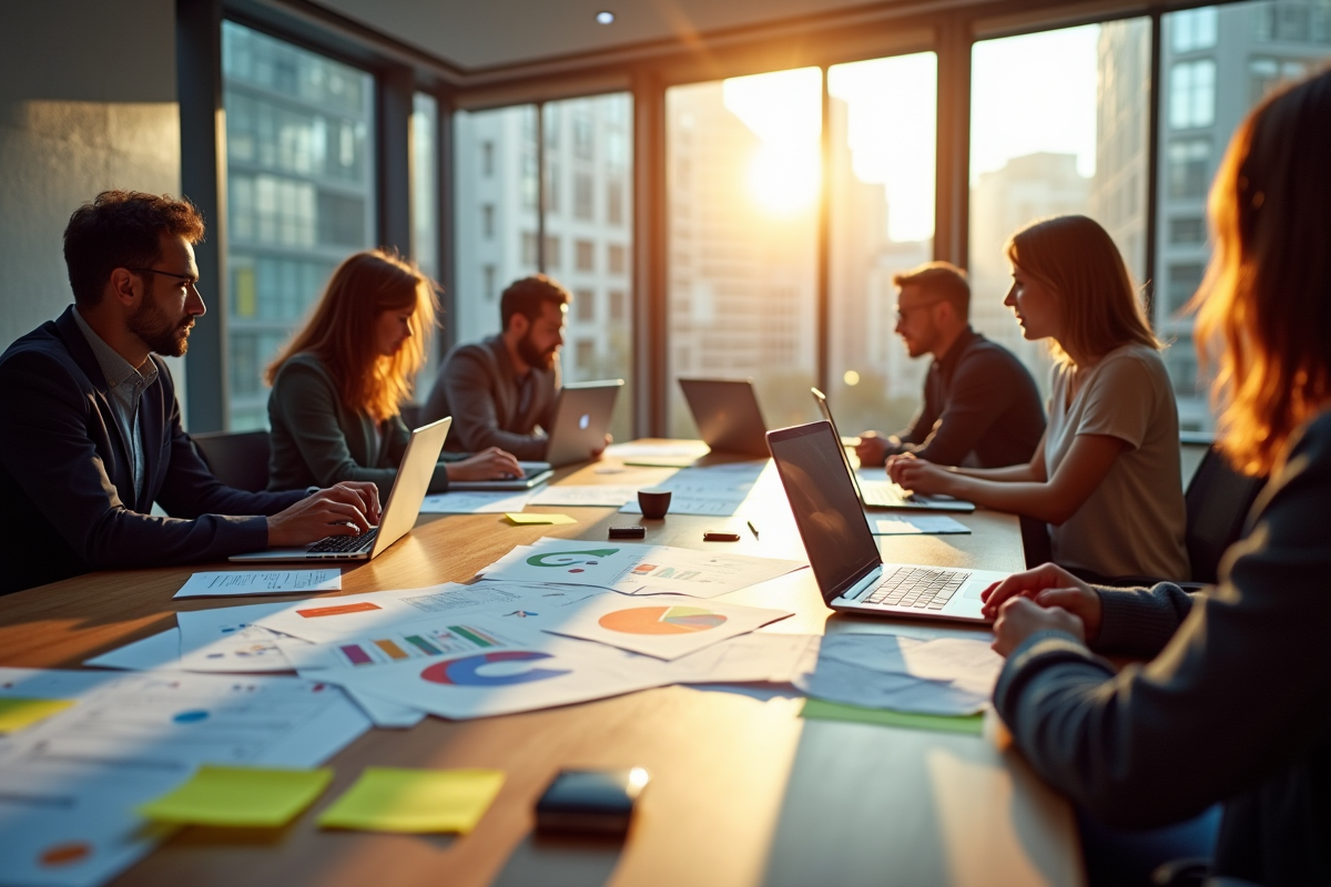 Equipe créative travaillant sur des rapports SEO en réunion