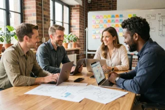 Équipe non technique collaborant autour d'un tableau de processus dans un bureau moderne pour comprendre un concept technologique