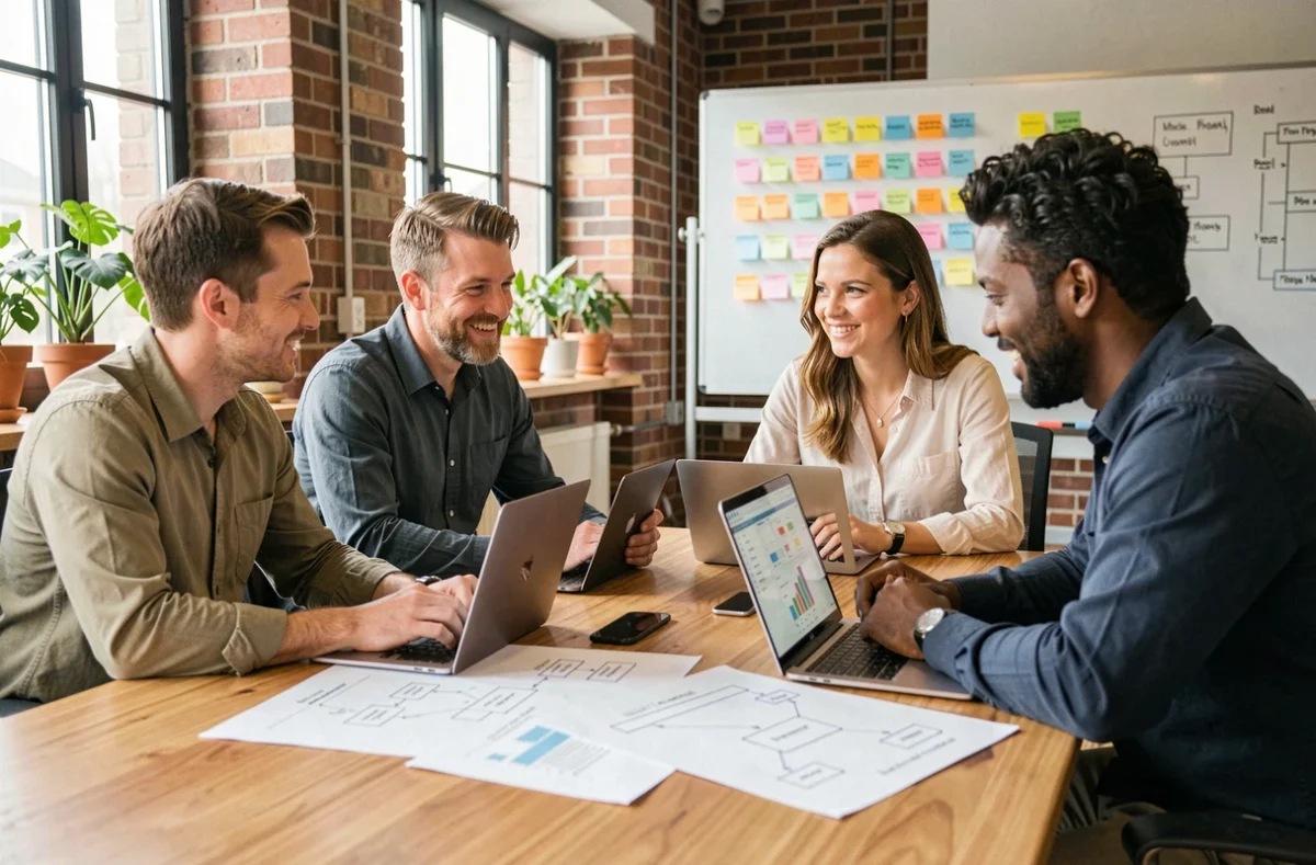 Équipe non technique collaborant autour d'un tableau de processus dans un bureau moderne pour comprendre un concept technologique
