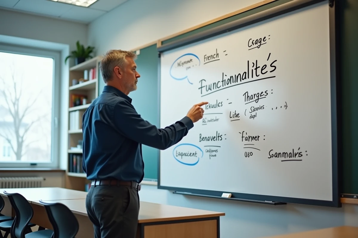 Traducteur professionnel présentant les équivalents français du mot features sur un tableau blanc en salle de cours