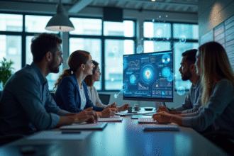 Espace de travail moderne avec équipe collaborative et intelligence artificielle
