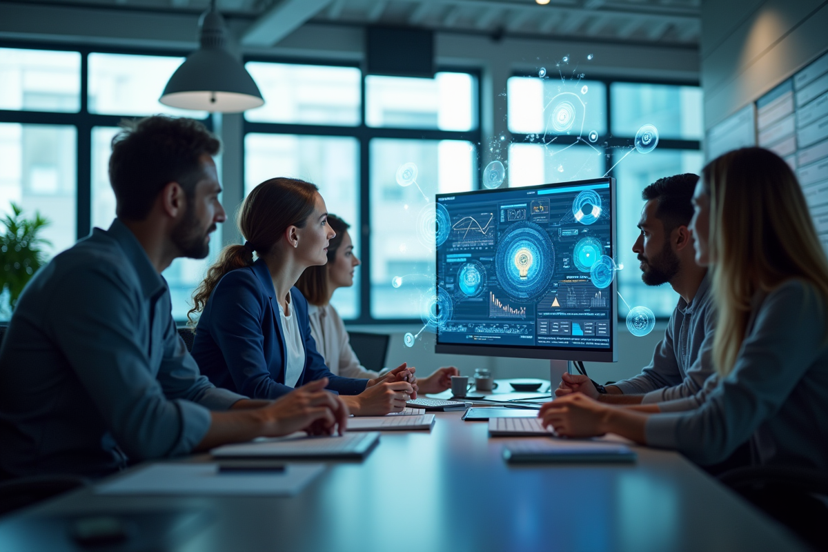 Espace de travail moderne avec équipe collaborative et intelligence artificielle