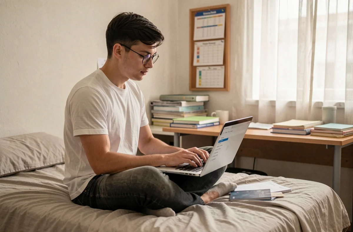 Étudiant en résidence universitaire organisant ses dossiers de messagerie webmail depuis son lit