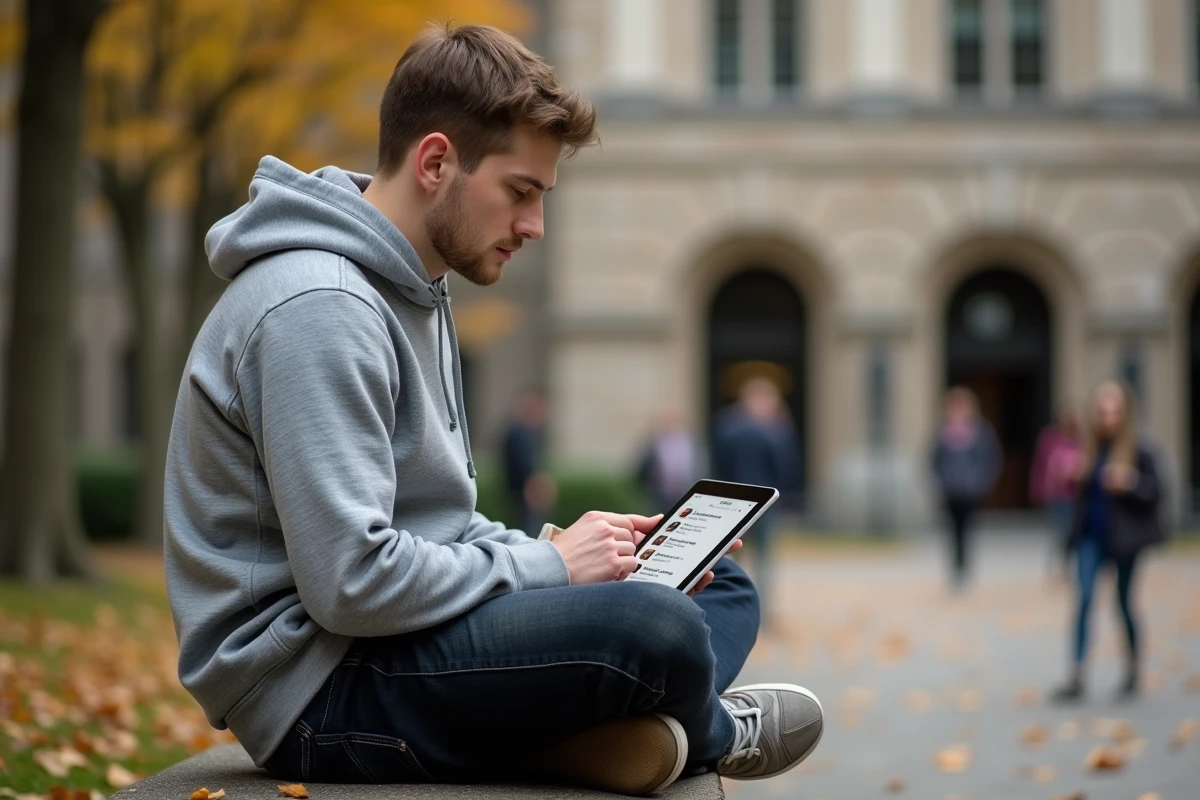Étudiant universitaire consultant ses emails académiques sur une tablette en extérieur sur un campus en automne