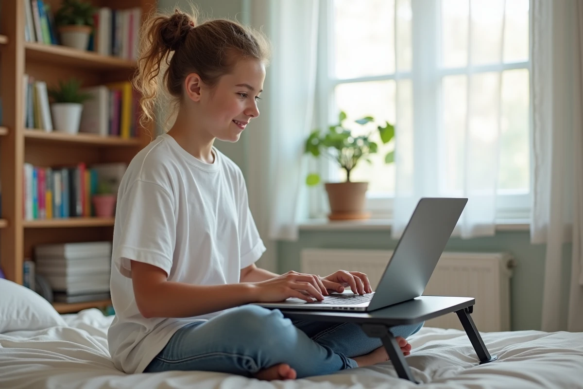 Adolescente pratiquant des exercices de vitesse de frappe clavier sur son laptop dans sa chambre d'étudiante