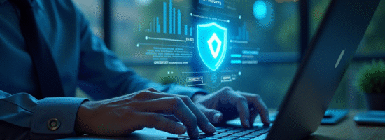 Expert en cybersécurité avec hologramme de bouclier lumineux