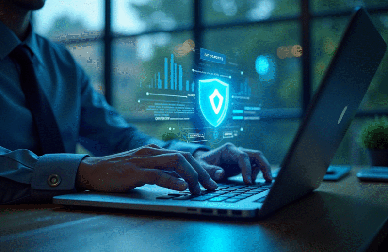 Expert en cybersécurité avec hologramme de bouclier lumineux