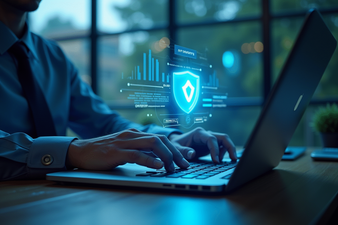 Expert en cybersécurité avec hologramme de bouclier lumineux