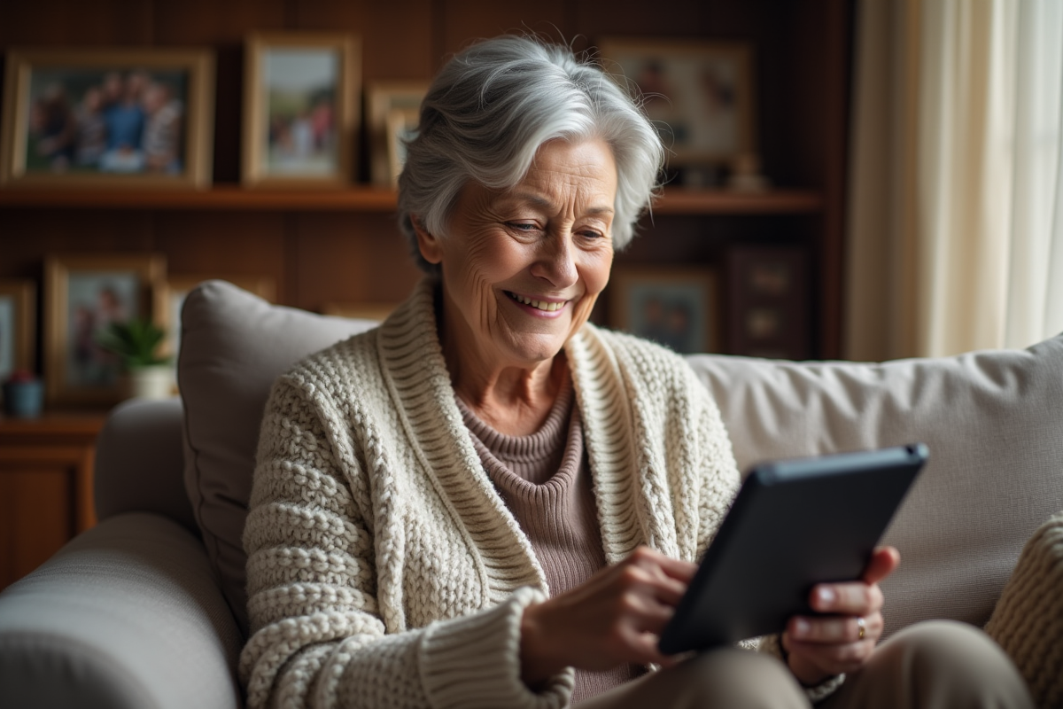 Femme âgée souriante en vidéo chat dans son salon