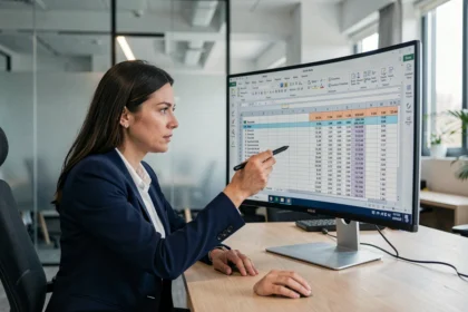 Professionnelle analysant un tableau de bord Excel avec des indicateurs de dates sur un grand écran ultrawide dans un bureau moderne