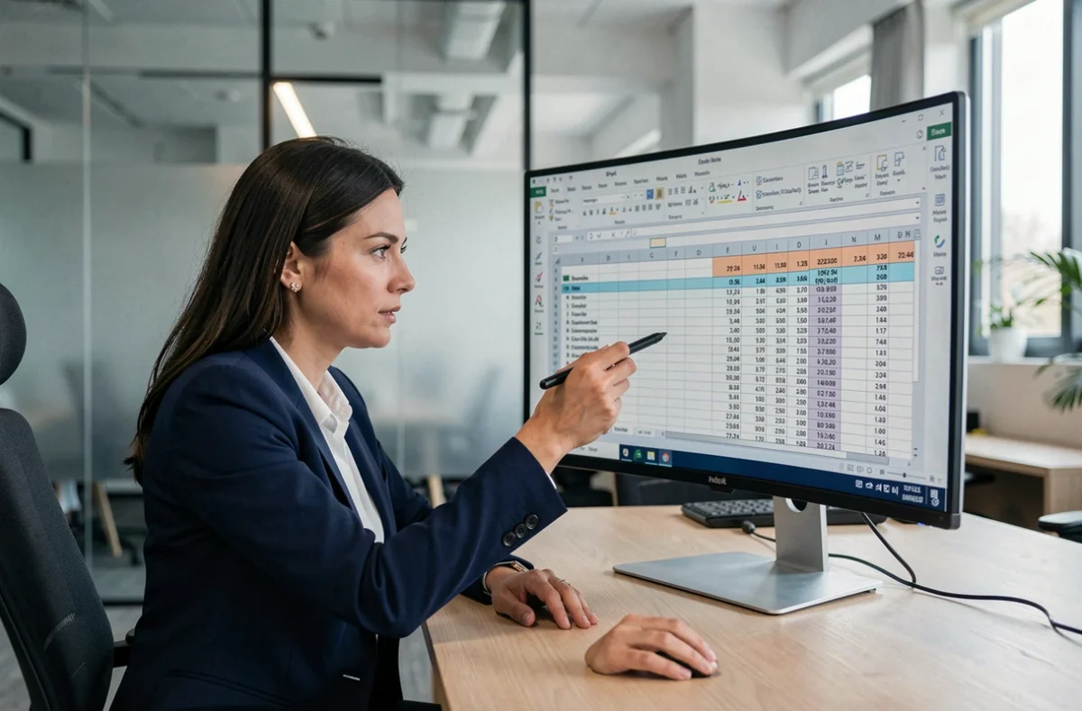 Professionnelle analysant un tableau de bord Excel avec des indicateurs de dates sur un grand écran ultrawide dans un bureau moderne