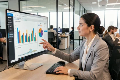 Femme analyste consultantun tableau de bord BI sur grand écran dans un bureau moderne pour automatiser des rapports mensuels