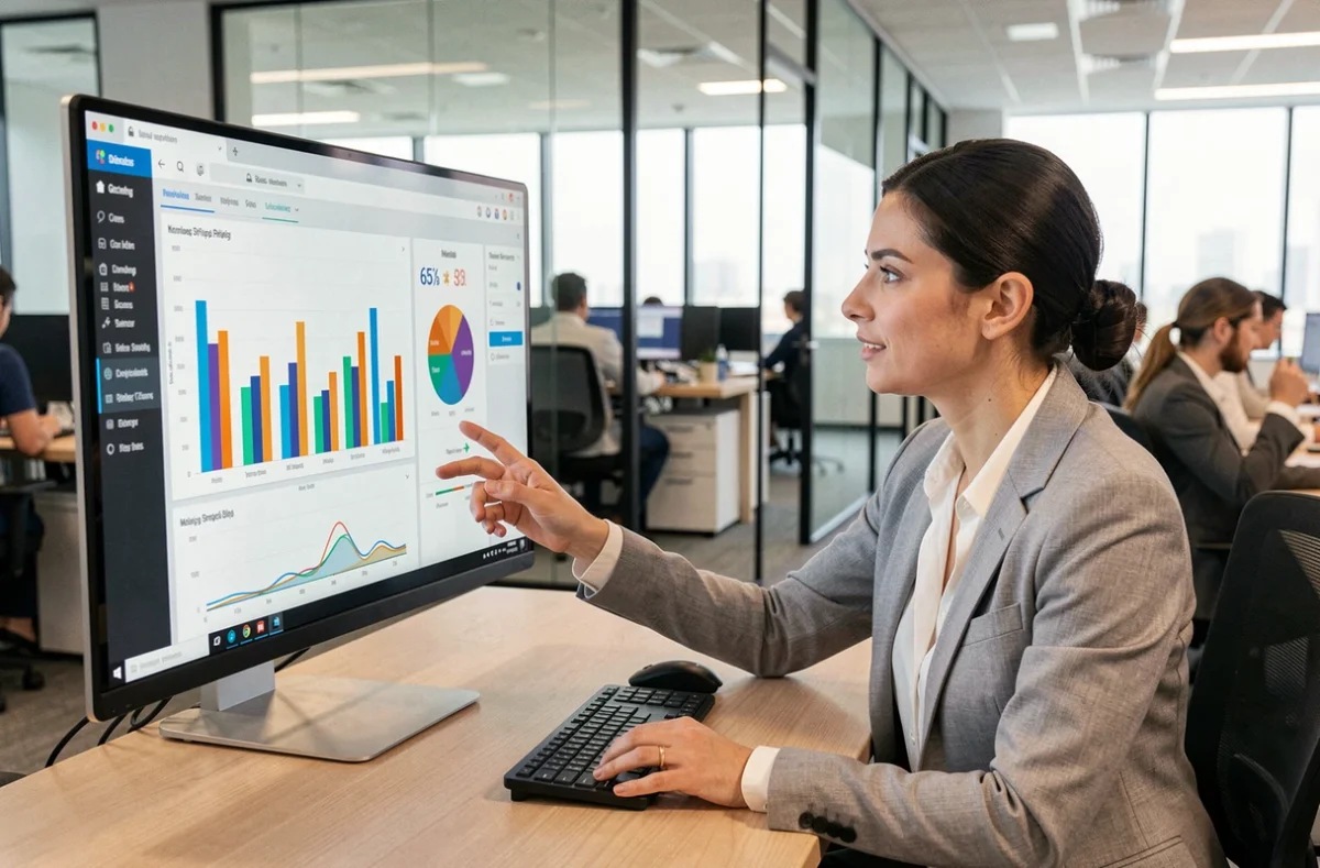 Femme analyste consultantun tableau de bord BI sur grand écran dans un bureau moderne pour automatiser des rapports mensuels