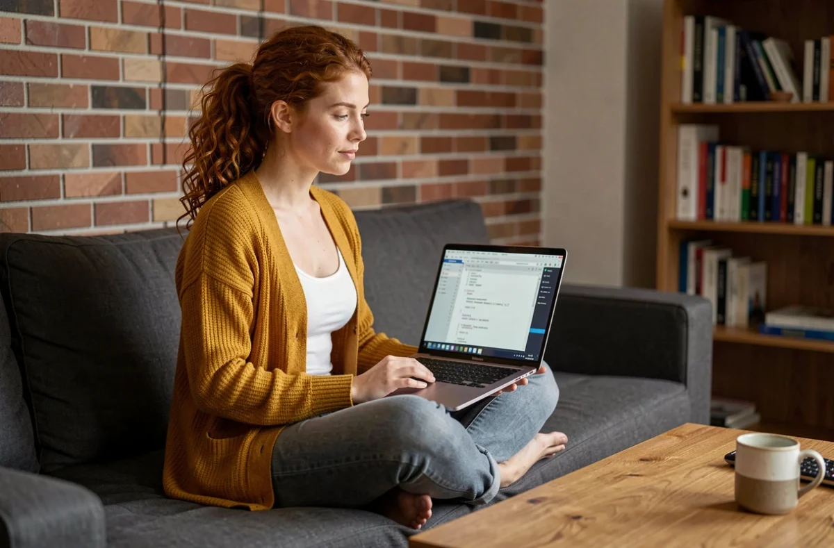 Jeune femme apprenant à coder sur un laptop avec clavier QWERTY en position décontractée sur un canapé dans un salon moderne
