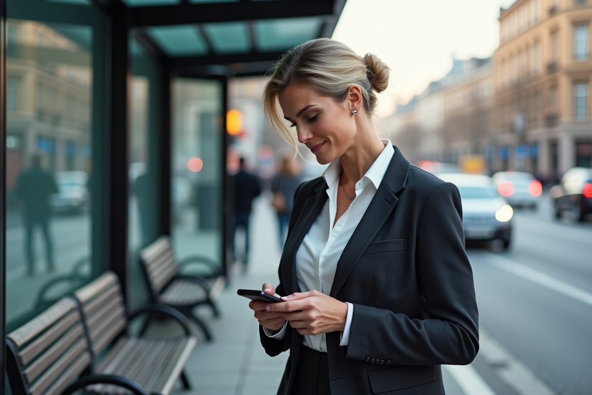 Femme dans la rue regardant son smartphone avec prudence