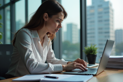 Femme concentrée au bureau avec application complexe