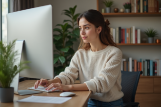 Jeune femme au bureau moderne et organisé