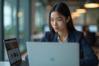 Jeune femme professionnelle examine deux écrans d'ordinateur