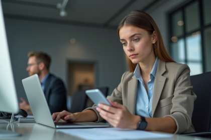 Jeune femme compare options email securise au bureau