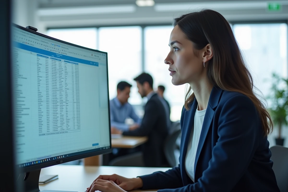 Femme professionnelle travaillant sur un tableau Excel avec des cellules figées sur un grand écran de bureau dans un bureau moderne
