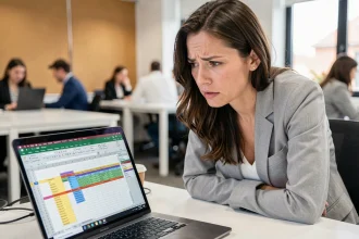 Femme concentrée devant un tableur Excel dans un bureau moderne, illustrant une erreur de moyenne pondérée